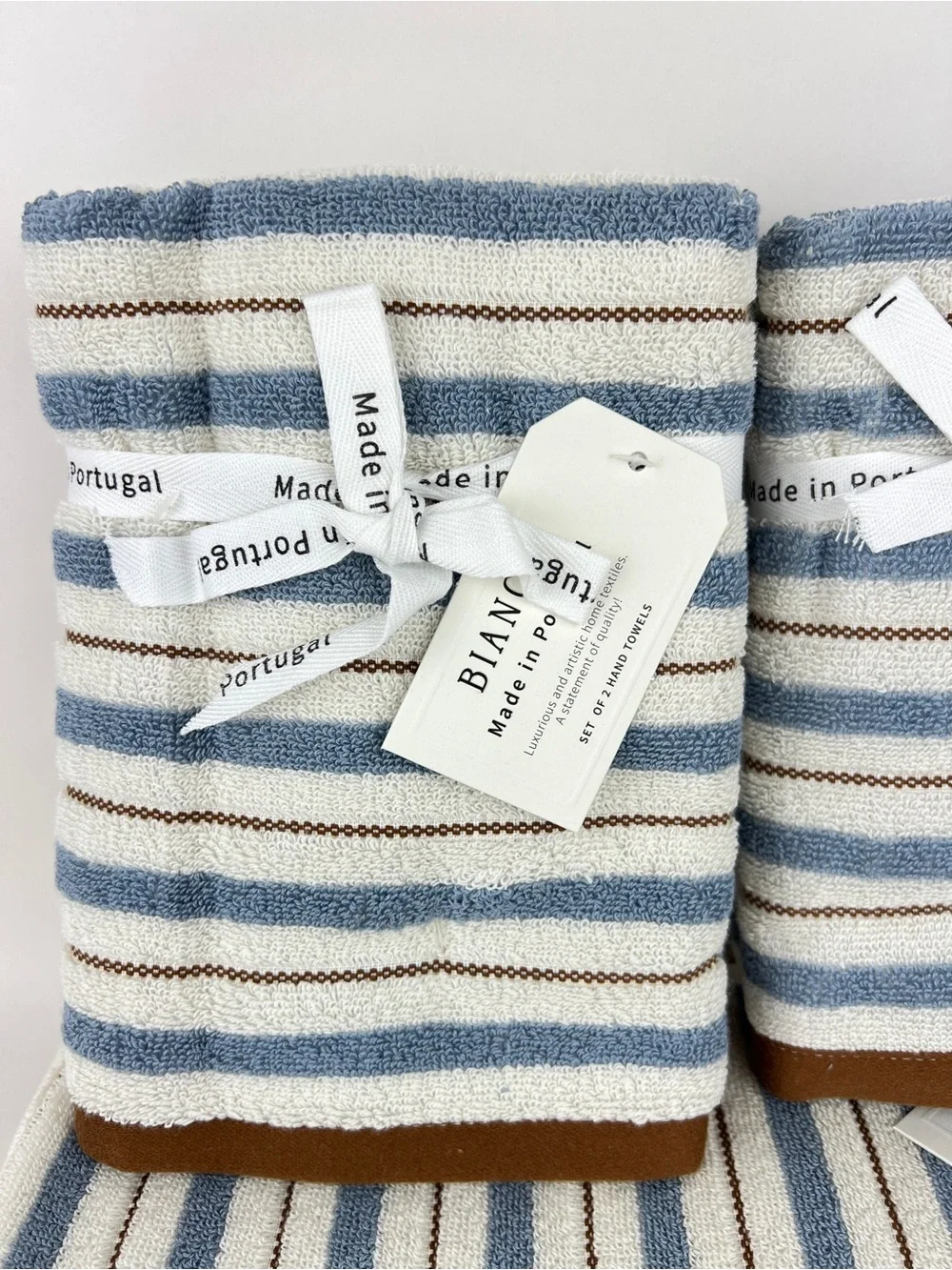 Bianca Bath Towel Set Blue Cream Brown Striped Soft Cotton Portugal 6 Pc NEW